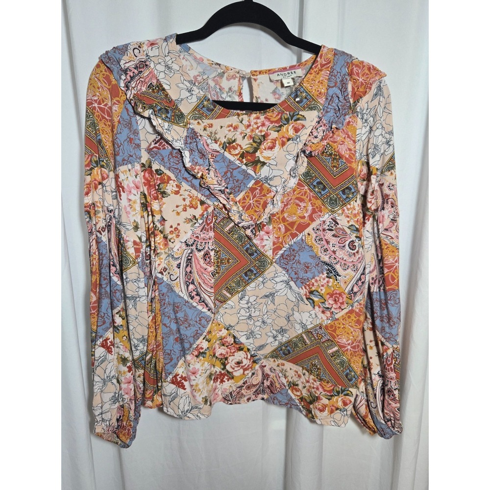 Boho Patchwork‎ Floral Paisley Blouse Medium Prairie Ruffle Indie Romantic Top